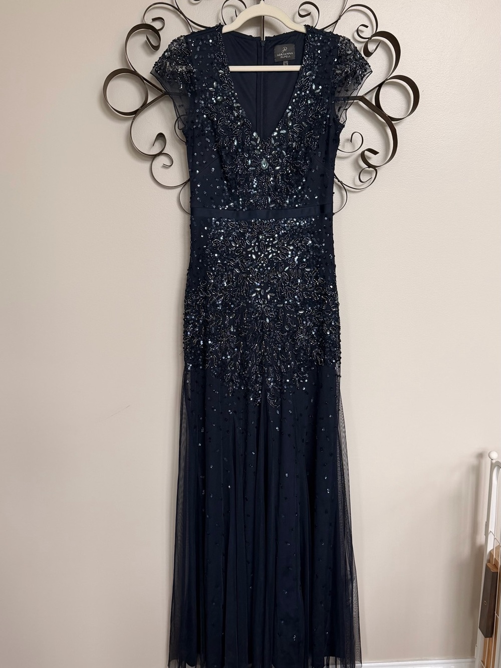 Adrianna Papell Navy Beaded V-Neck Evening Gown
